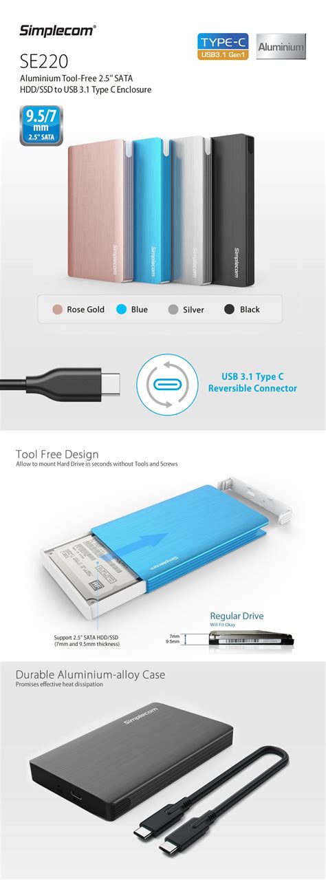 Simplecom Se Aluminium Tool Free Sata Hdd Ssd To Usb Type