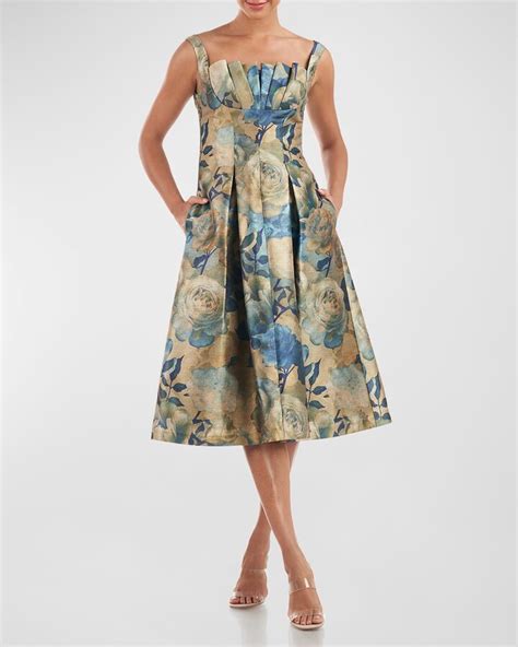 Kay Unger New York Medici Pleated Floral Print Midi Dress Shopstyle