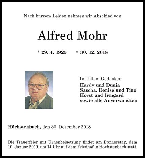 Traueranzeigen Von Alfred Mohr Rz Trauer De