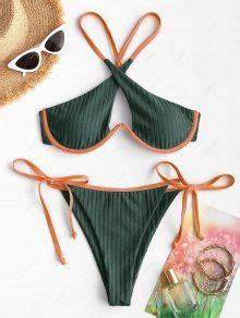 Zaful Mono Wire Padded Neon String Bikini Set In Deep Green Zaful