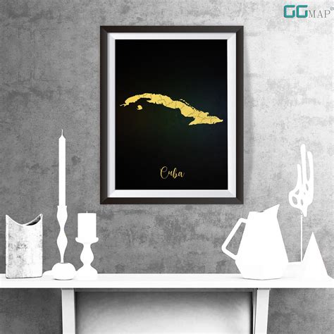 Cuba Map Cuba Gold Map Travel Poster Home Decor Wall Decor Office Map