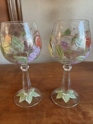 Hand Blown Crackle Glass Long Stem Wine Glasses Hand Painted Unique EBay