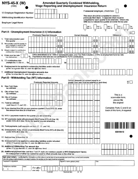 Form Nys 45 X W Amended Quarterly Combined Withholding Wage Reporting And Unemployment