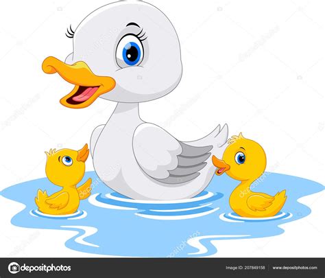 Mother Duck Swims Her Two Little Cute Ducklings Stock Vector Image By