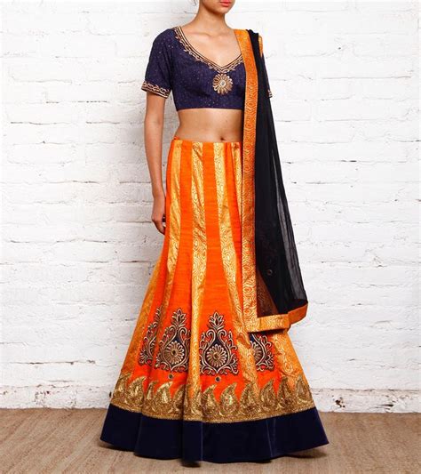 Orange And Blue Silk And Khemkhab Lehenga With Mirror And Zari Work At