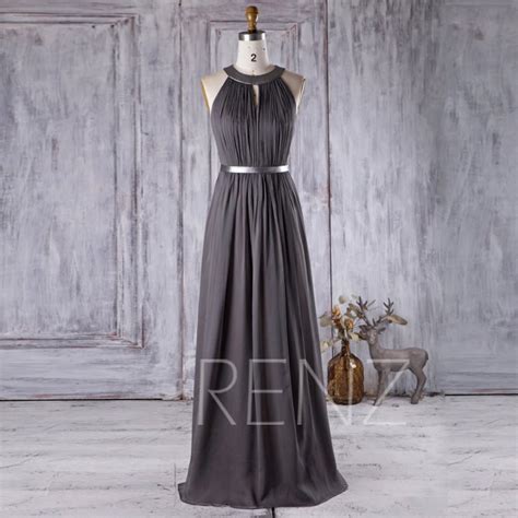 2016 Charcoal Chiffon Bridesmaid Dress Hollow Neck Wedding Dress