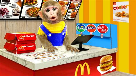 Baby Monkey KiKi Goes To Buy Fast Food At Supermarket And Eat Yummy