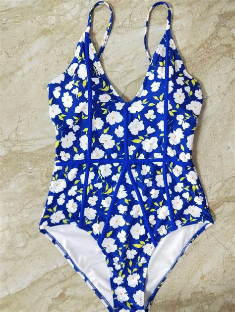 Pink Wind Fancy Blue Floral Print One Piece Swimsuit 2018 Vintage Plus