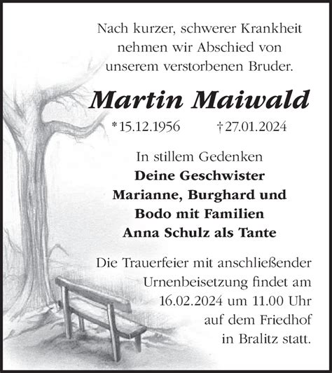 Traueranzeigen von Martin Maiwald Märkische Onlinezeitung Trauerportal