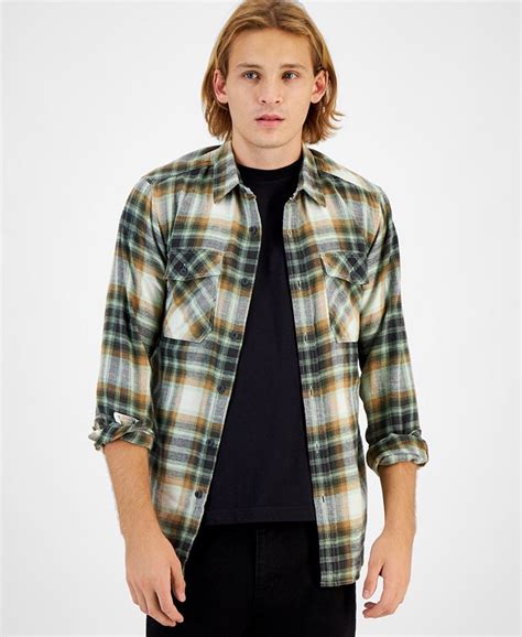 Sun Stone Mens Harry Regular Fit Plaid Button Down Flannel Shirt