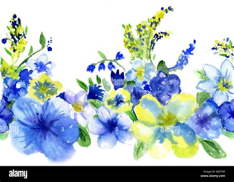 Aquarell Dunkel Blaue Und Gelbe Blumen Auf Wei Em Hintergrund