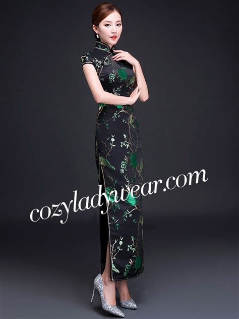 Woven Green Floral Qipao Cheongsam Evening Dress Cozyladywear