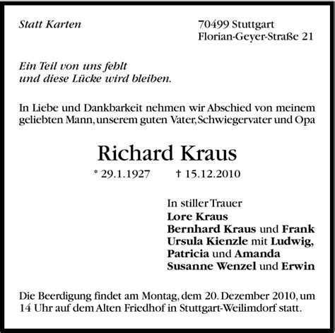 Traueranzeigen Von Richard Kraus Stuttgart Gedenkt De