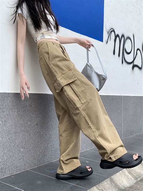 Deeptown Y2k Vintage Brown Denim Cargo Pants Women Korean Style Wide