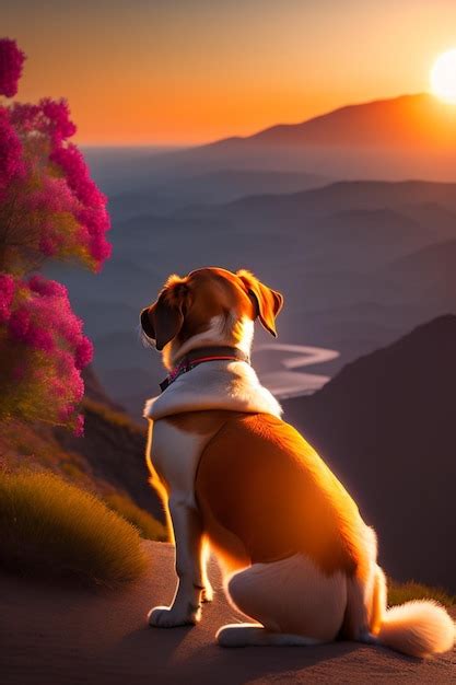 Un Perro Se Sienta En Un Camino Mirando La Puesta De Sol Foto Premium