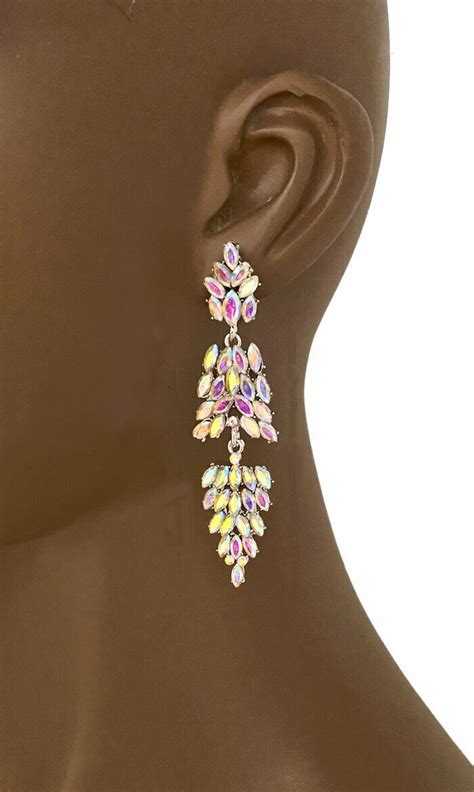 Long Fake Opal Ab Marquise Clear Rhinestones Post Earrings