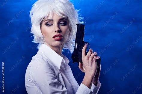 Beautiful Sexy Girl Holding Gun Smoke Background Stock 사진 Adobe Stock