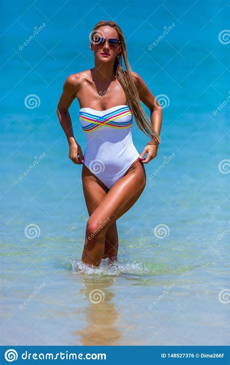 Woman In White Bikini Walking At Karon Beach Phuket Thailand Stock