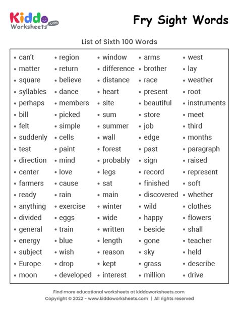 Free List Of Th Grade Sight Words