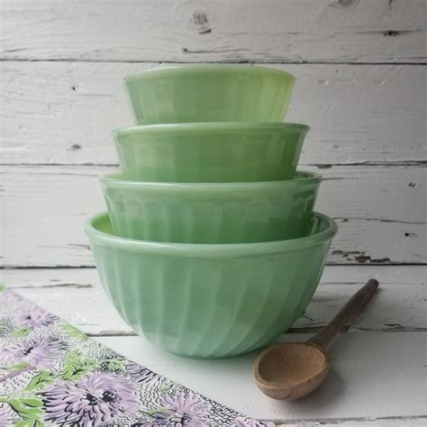 Jadeite Fire King Swirl Mixing Bowl Set Vintage Jadeite Swirl Mixing Bowls Green Milk Glass