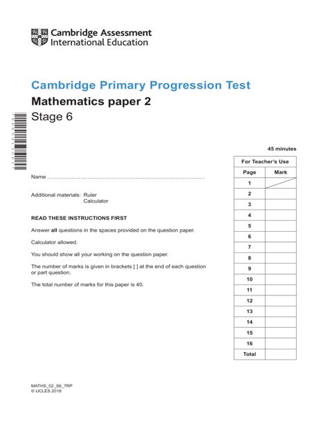 2018 Cambridge Primary Progression Test Maths Stage 6 Qp Paper 2 Tcm142 430087