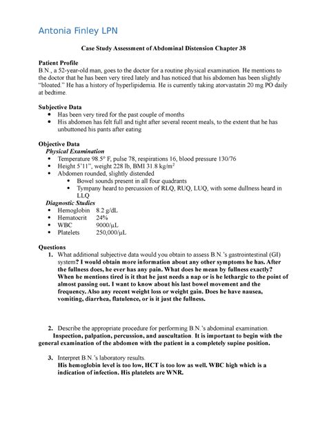 Case Study 38 Med Surg II Care Plan Antonia Finley LPN Case Study