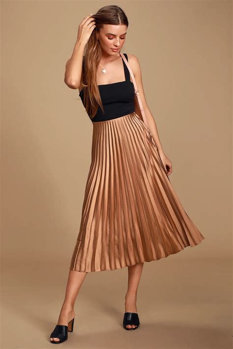 Galena Beige Satin Pleated Midi Skirt Midi Skirt Dressy Attire Skirt Outfits