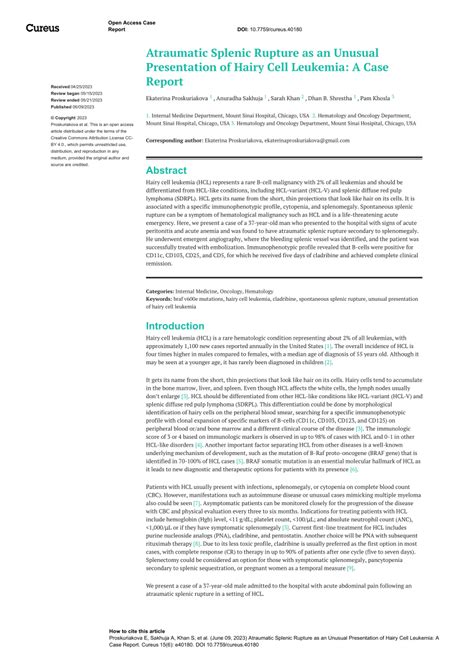 Pdf Atraumatic Splenic Rupture As An Unusual Presentation Of Hairy