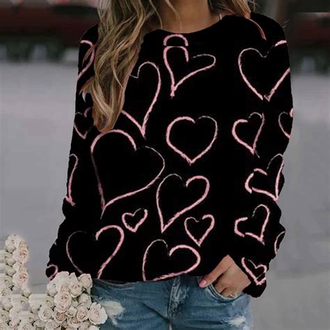 Juebong Womens Heart Graphic Print Sweatshirts Long Sleeve Crew Neck ...