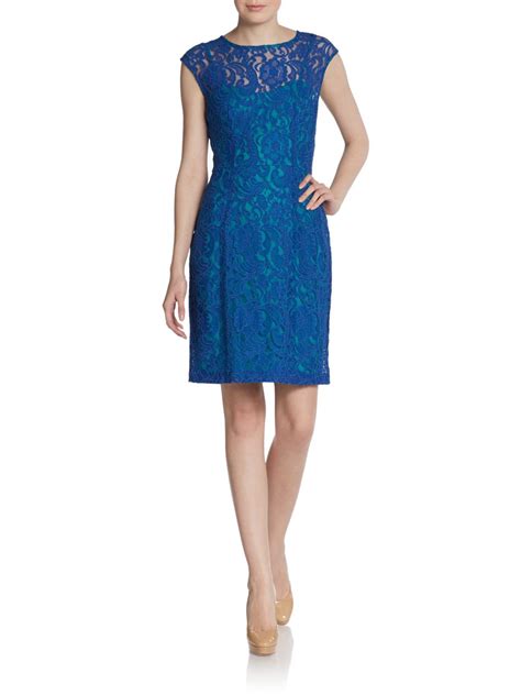 Saks Fifth Avenue Black Label Lace Illusion Dress In Blue Deep Blue