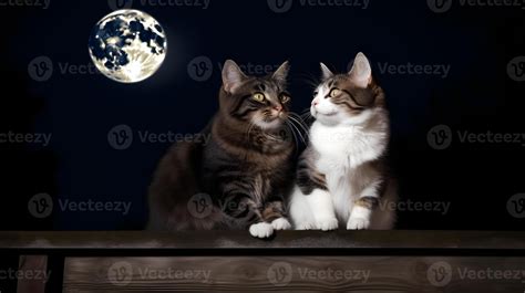 Ai Generated Couple Of Adorable Cats Sitting On Fence In Front Of Full Moon Night Sky Neural