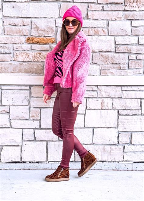 Pink Teddy Moto Jacket And Burgundy Leather Pants | Glamor and Gloss