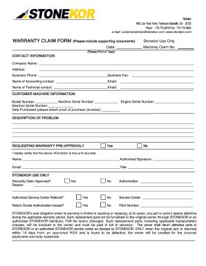 Fillable Online Warranty Claim Form Stonekorcom Fax Email Print