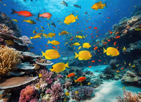 Coral Reef With Color Tropical Fish Unique Ocean Ecosystem Stock