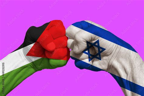 Hands Fists With Textures Of The Flags Of Israel And Palestine A