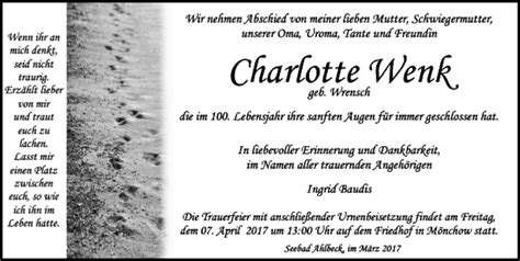 Traueranzeigen Von Charlotte Wenk Trauer Anzeigen De