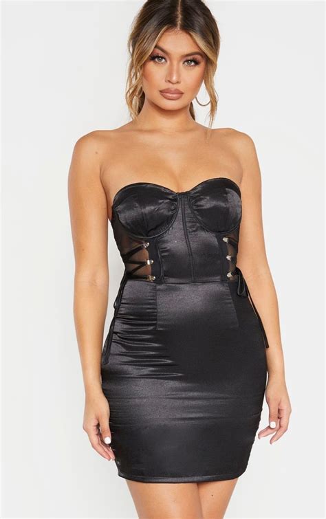 Black Bandeau Corset Detail Mesh Insert Satin Bodycon Dress Satin