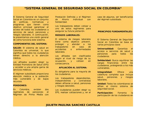 El Sistema General De Seguridad Social En Colombia Sistema General De