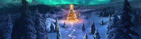 Christmas tree Wallpaper 4K, Aurora sky, Snowy Trees