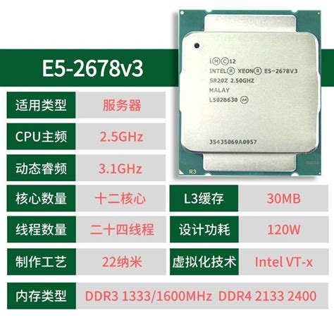 英特尔intel至强 E5 2678 V3 2 50ghz 30mb 120w 12核24线程 睿频无 22nm