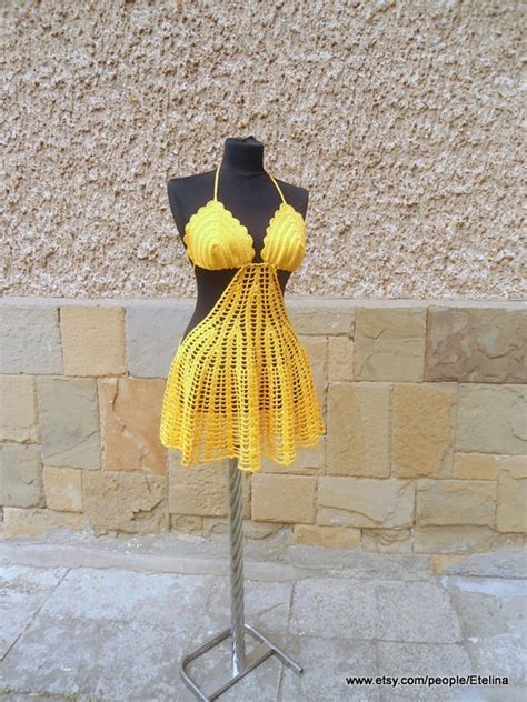 Crochet Beach Dress Yellow Cotton Dress Lace Tunic Fashion Crochet Cover Up Crochet Bikini