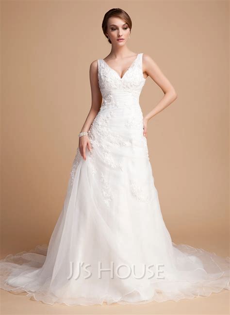 A Line Princess V Neck Chapel Train Satin Organza Wedding Dress With