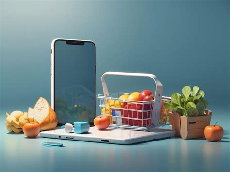 Premium Photo Online Market Grocery Basket And Smartphone In 3d