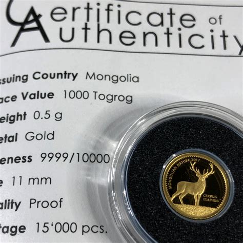 Mongolia Gold Proof 1000 Togrog 5 Gram 9999 Fine Gold Protective