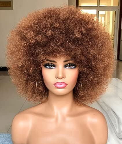 Xinran Brown Curly Afro Wig For Black Women Short Kinky Curly Wig With Bangs