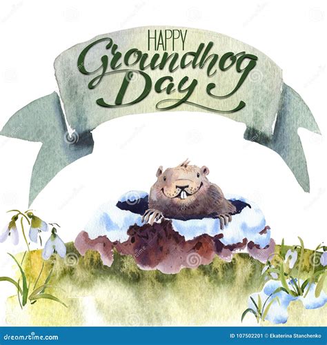 Happy Groundhog Day Hand Hand Drawing Watercolor Card Groundhog Stock