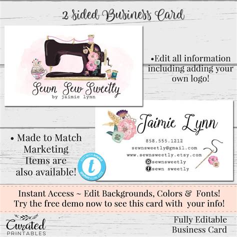 Sewing Business Card Seamstress Business Card Watercolor Card Template Diy Business Card