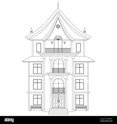 Outline Four Story House With Porch And Balcony Isolated On White