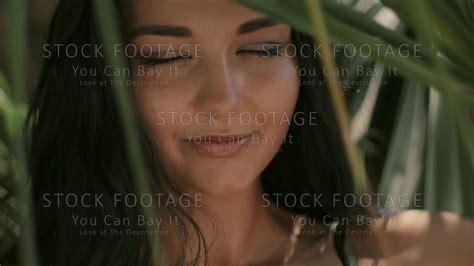 Beautiful Girl Posing In Tropical Forest Close Up Perfect Portrait