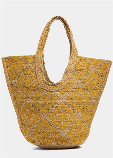 Big Jute Beach Bag W Yellow Design